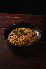 Delicious Pizza Burger Classic Homemade Tomato Sauce Sausage Cheese Onion Chicken Meat Pasta Shrimp Restaurant Menu Gourmet on a wooden table