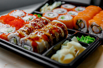 Japanese sushi food. Maki ands rolls with tuna, salmon, shrimp, crab and avocado. Top view of assorted sushi. Rainbow sushi roll, uramaki, hosomaki and nigiri.