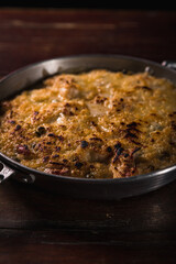 Delicious Pizza Burger Classic Homemade Tomato Sauce Sausage Cheese Onion Chicken Meat Pasta Shrimp Restaurant Menu Gourmet on a wooden table