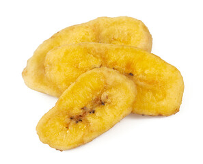 Banana chips isolated on white background. Healthy alternative snack.