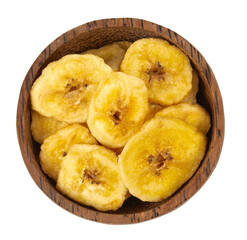 Banana chips isolated on white background. Healthy alternative snack.