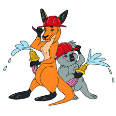 Vector children's design for backgrounds and fabrics, postcards, stickers. Koala Kangaroo Firefighter