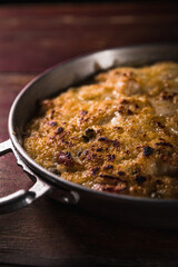 Delicious Pizza Burger Classic Homemade Tomato Sauce Sausage Cheese Onion Chicken Meat Pasta Shrimp Restaurant Menu Gourmet on a wooden table