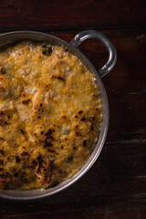 Delicious Pizza Burger Classic Homemade Tomato Sauce Sausage Cheese Onion Chicken Meat Pasta Shrimp Restaurant Menu Gourmet on a wooden table