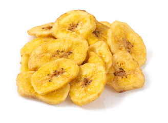 Banana chips isolated on white background. Healthy alternative snack.