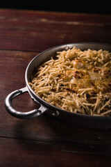 Delicious Pizza Burger Classic Homemade Tomato Sauce Sausage Cheese Onion Chicken Meat Pasta Shrimp Restaurant Menu Gourmet on a wooden table