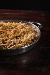 Delicious Pizza Burger Classic Homemade Tomato Sauce Sausage Cheese Onion Chicken Meat Pasta Shrimp Restaurant Menu Gourmet on a wooden table