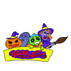 Vector children's design for backgrounds and fabrics, postcards.Funny Halloween party,pumpkin, ghost,skull,broom,bat