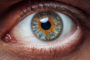Beautiful macro photo of man's eye. Close up of blue brown eye with capillaries. Macro image of...
