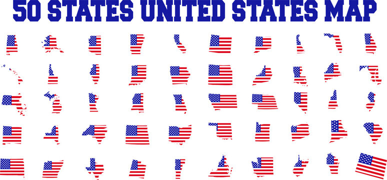 Colorful 50 State map of United States of America. Black and white print map of USA for t-shirt, poster or geographic themes. Hand-drawn black map with states. Vector Illustration