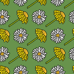 Seamless pattern with awesome flowers on green background. Vector image.