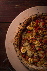 Delicious Pizza Burger Classic Homemade Tomato Sauce Sausage Cheese Onion Chicken Meat Pasta Shrimp Restaurant Menu Gourmet on a wooden table