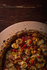 Delicious Pizza Burger Classic Homemade Tomato Sauce Sausage Cheese Onion Chicken Meat Pasta Shrimp Restaurant Menu Gourmet on a wooden table