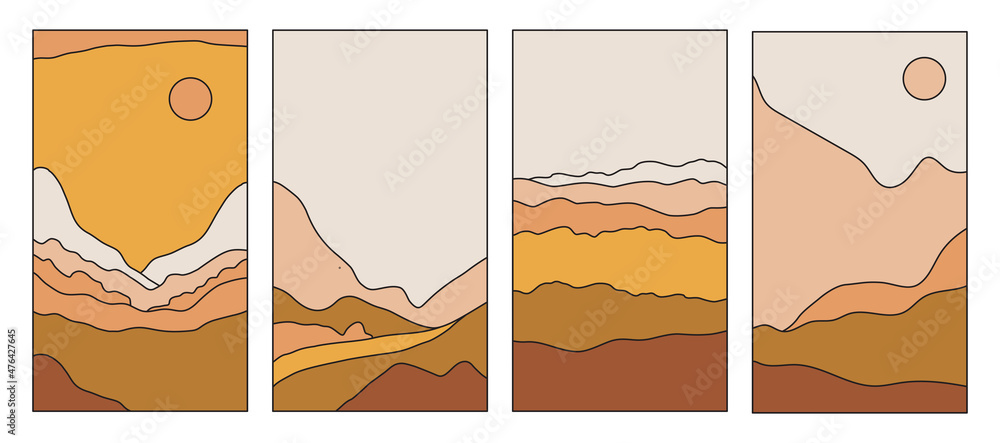 Poster Vector illustration in simple line style - boho abstract print - simple natural landscape with mountains and hills
