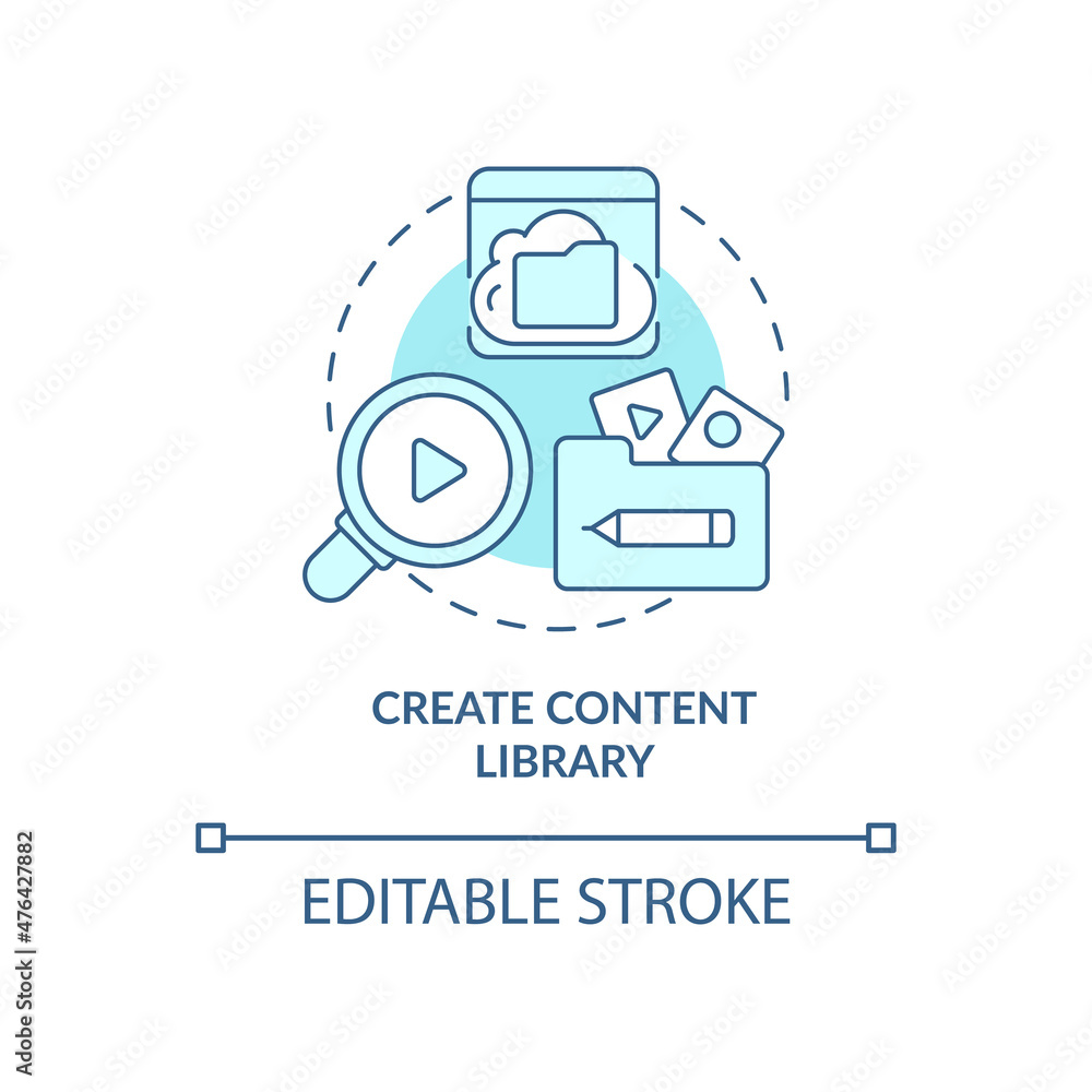 Poster create content library blue concept icon. subscription model. video on demand abstract idea thin lin