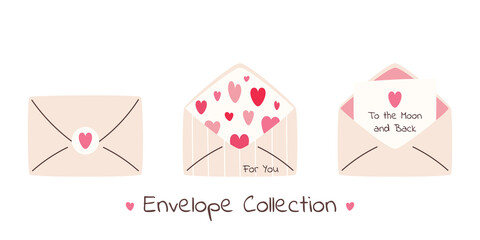 Set of cute valentine's envelope with pink and red hearts.Romantic postcard for lovers. Valentine's day vector illustration for design. Open and closed envelope. Isolated on white. 