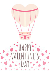 Festive Valentines greeting card with air balloon and hearts. Happy Valentine's Day. Vector illustration of cute air balloon with hearts. Valentine's postcard. White background. 