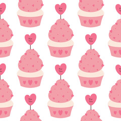 Seamless vector pattern with pink cupcakes and hearts. Seamless pattern for Valentine's Day. Happy Valentines Day. Pattern for wrapping paper, scrapbooking, wall paper, fabric. White background.