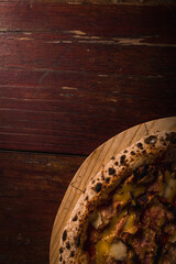Delicious Pizza Burger Classic Homemade Tomato Sauce Sausage Cheese Onion Chicken Meat Pasta Shrimp Restaurant Menu Gourmet on a wooden table