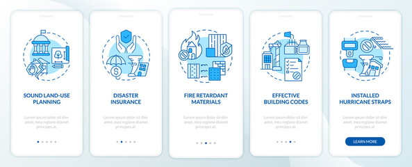 Disaster mitigation involves blue onboarding mobile app screen. Flood walkthrough 5 steps graphic instructions pages with linear concepts. UI, UX, GUI template. Myriad Pro-Bold, Regular fonts used