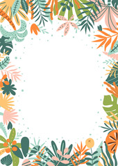 Jungle frame. Tropical leaves, palm leaves, frame nature background. Bright rainforest card. Cute jungle birthday invitation. Safari frame. Vector illustration. Summer foliage of tropical plants trees © Tani Kuzminka