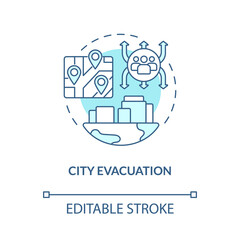 City evacuation turquoise concept icon. Emergency situation solutions abstract idea thin line illustration. Isolated outline drawing. Editable stroke. Roboto-Medium, Myriad Pro-Bold fonts used