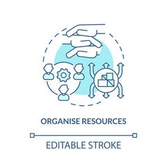 Organise resources turquoise concept icon. Humanitarian help abstract idea thin line illustration. Isolated outline drawing. Editable stroke. Roboto-Medium, Myriad Pro-Bold fonts used