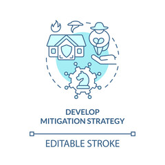 Develop mitigation strategy turquoise concept icon. Disaster risk abstract idea thin line illustration. Isolated outline drawing. Editable stroke. Roboto-Medium, Myriad Pro-Bold fonts used