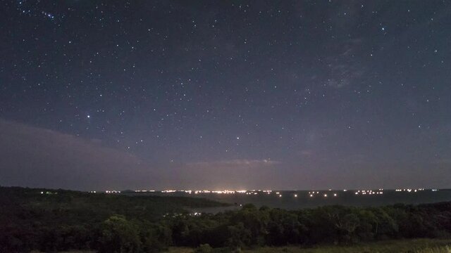 Night time time-lapse of stars over Lake Victoria in Africa and lights from fishing boats out on the lake.