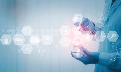 Medical concepts use search engines to find information for treatment, doctors are preparing injections. electronic mockup..Like real India Holographic virtual interface Digital Healthcare Analytics