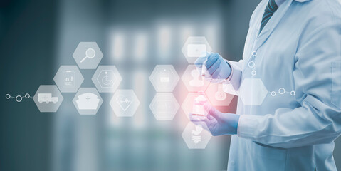 Medical concepts use search engines to find information for treatment, doctors are preparing injections. electronic mockup..Like real India Holographic virtual interface Digital Healthcare Analytics