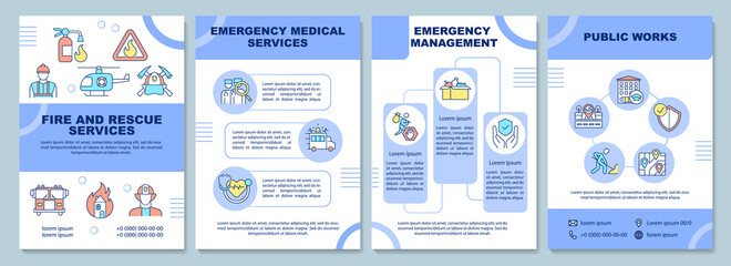 Emergency services brochure template. Rescue from disaster. Booklet print design with linear icons. Vector layouts for presentation, annual reports, ads. Arial-Black, Myriad Pro-Regular fonts used