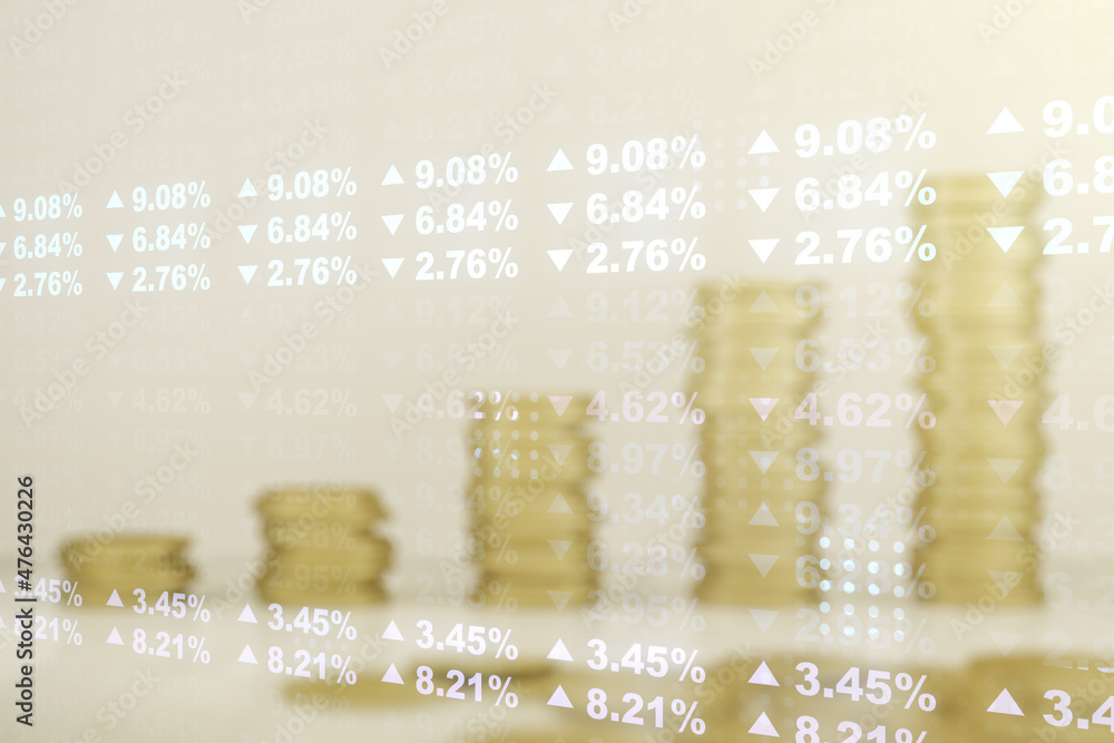 Poster multi exposure of stats data illustration on stacks of coins background, computing and analytics con