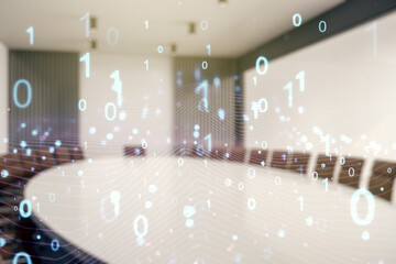 Abstract virtual binary code hologram on a modern coworking room background, AI and machine learning concept. Multiexposure
