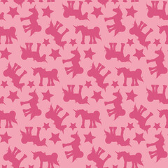 Seamless pattern with unicorns and stars on light pink background. Vector image.