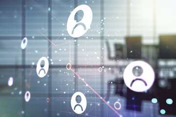 Double exposure of abstract virtual social network icons on a modern meeting room background. Marketing and promotion concept