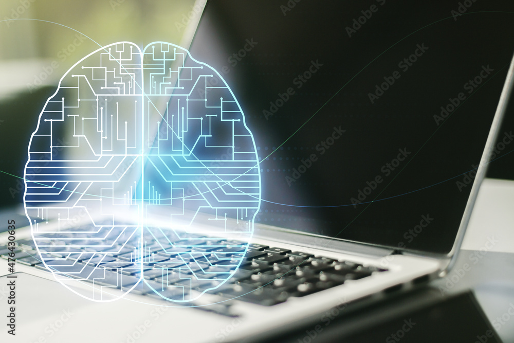 Poster double exposure of creative artificial intelligence symbol with modern laptop on background. neural 