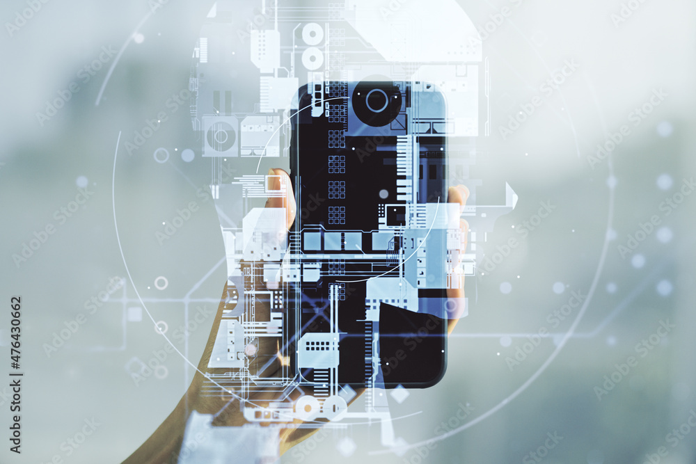Poster double exposure of creative artificial intelligence symbol and hand with cell phone on background. n
