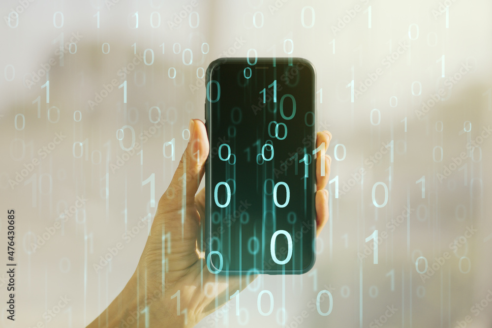 Poster creative abstract binary code hologram and hand with mobile phone on background, ai and machine lear