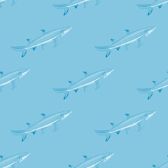 Lemon shark seamless pattern in scandinavian style. Marine animals background. Vector illustration for children funny textile.