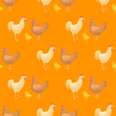 Seamless pattern of chicken family. Domestic animals on colorful background. Vector illustration for textile.