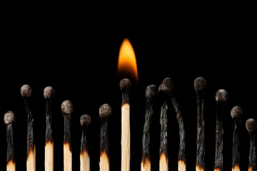 Group of burnt mathces with one still burning in the middle. Concept of firmness, power.