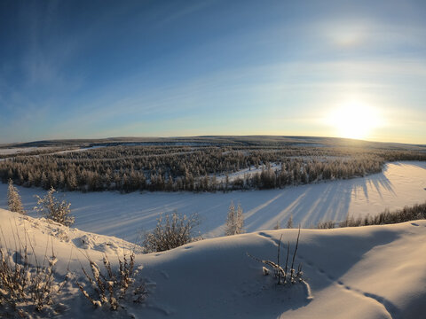 Winter landscape, snow covered Kolyma river in Kolyma, Yakutia, Russia