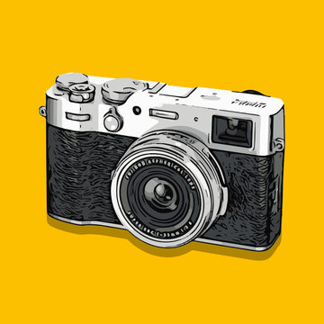 appareil photo argentique style dessin sur fond jaune