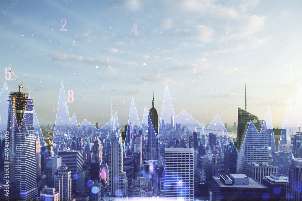 Poster abstract virtual analytics data spreadsheet on new york cityscape background, analytics and analysis