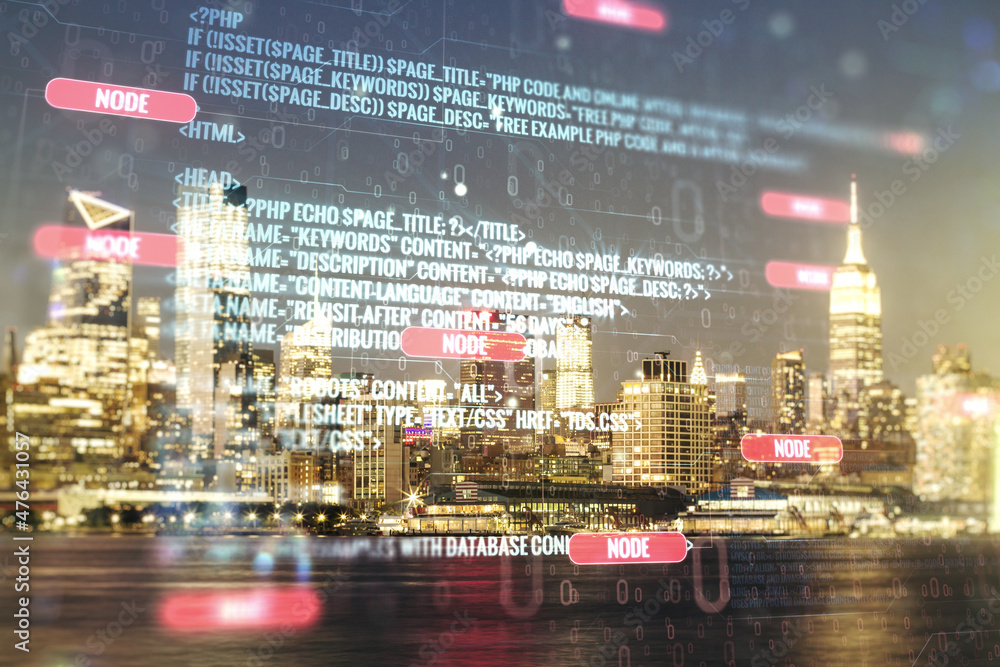 Poster multi exposure of abstract programming language hologram on manhattan office buildings background, a