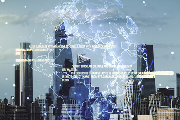 Abstract virtual coding concept and world map hologram on New York city skyline background. Multiexposure