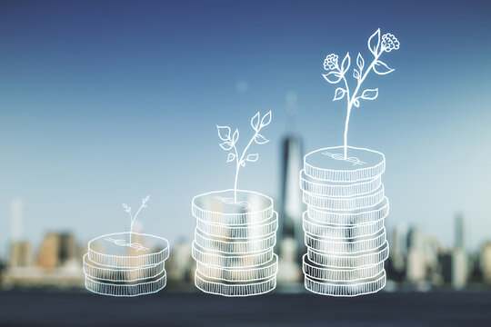 Virtual money savings sketch on blurry office buildings background, accumulation and growth of money concept. Double exposure