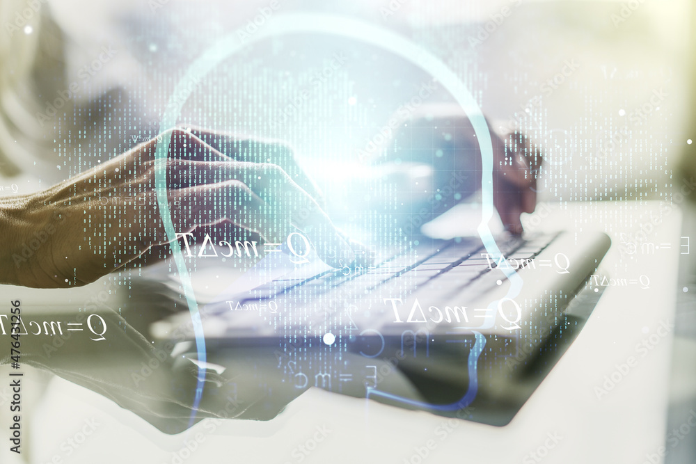 Poster creative artificial intelligence concept with human head sketch and hands typing on computer keyboar