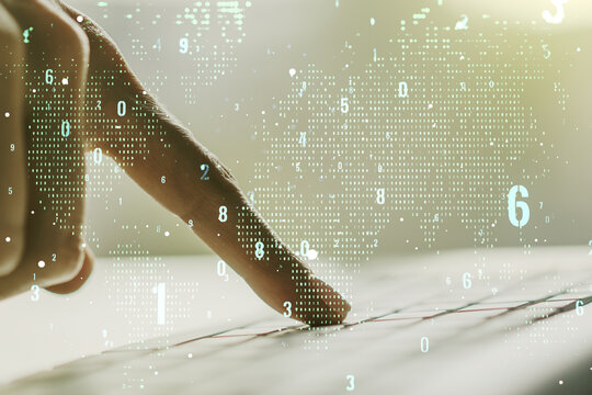 Multi exposure of abstract programming language hologram with world map and hands typing on computer keyboard on background, artificial intelligence and neural networks concept